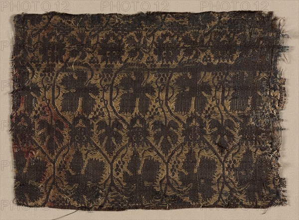 Silk Fragment, 1350-1399. Iran or Iraq, mid or 2nd half of 14th century. Tabby weave with supplementary weft; silk; overall: 11.5 x 16 cm (4 1/2 x 6 5/16 in.)