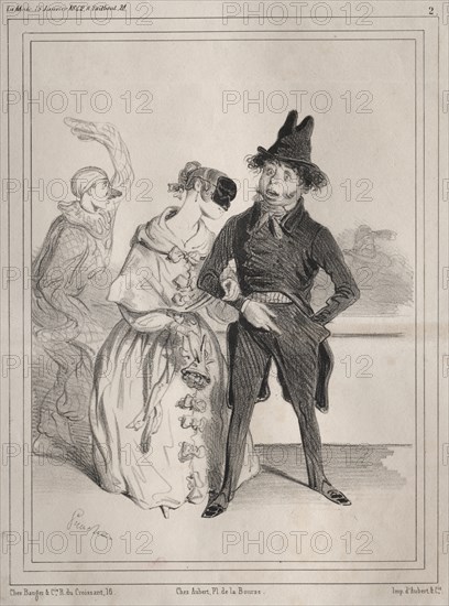 Pochades de carnaval:  C'est singulier! elle me dit que je suis Philibert Désormeaux, et que je passe pour un imbecile!! ....où diable à-t-elle sù cela?, 1842. Clémente Pruche (French, 1831-1870). Lithograph