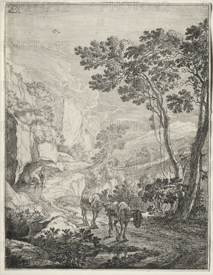 The Upright Italian Landscapes: The Two Mules. Rocca Aquatico near Ancona. Jan Both (Dutch, c. 1618-1652), Matham. Etching; sheet: 26.8 x 20.5 cm (10 9/16 x 8 1/16 in.); platemark: 26.4 x 20.4 cm (10 3/8 x 8 1/16 in.)