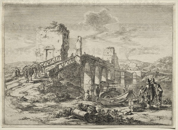 Landscapes of the Environs of Rome: The Molle Bridge over the Tiber. Jan Both (Dutch, c. 1618-1652). Etching; sheet: 20.2 x 28 cm (7 15/16 x 11 in.); platemark: 19.7 x 27.4 cm (7 3/4 x 10 13/16 in.)