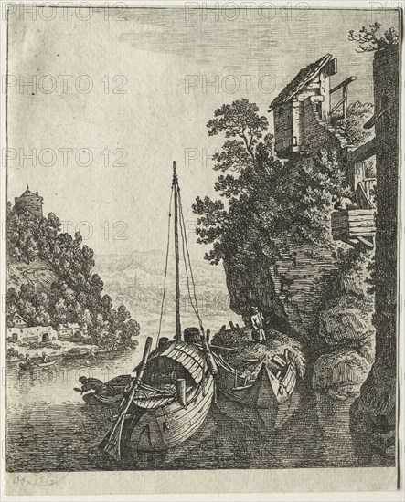 Two Boats moored under a rock, 1667. Herman Saftleven (Dutch, 1609-1685). Etching