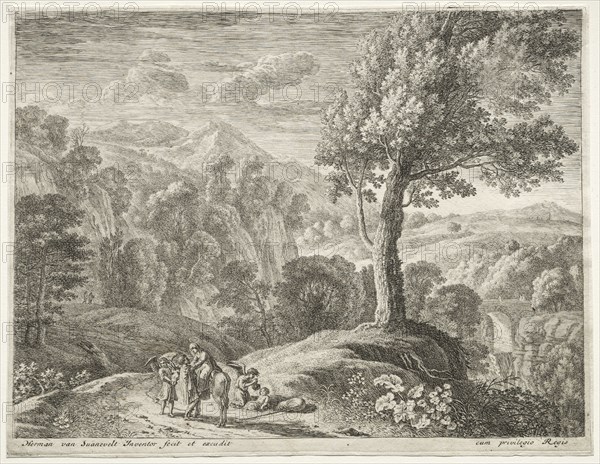 The Flight into Egypt: The large tree and the cuocade. Herman van Swanevelt (Dutch, c. 1600-1655). Etching