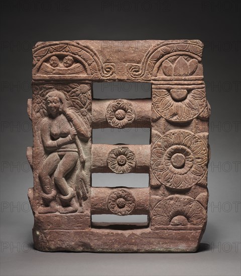 Section of Monolithic Railing with Bather and Lotus Medallions, c. 150-250. India, Mathura, Kushan period (c. 80-375). Red sandstone; overall: 53.3 x 45.8 cm (21 x 18 1/16 in.).