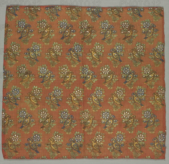 Taffeta Fragment with Gul-u-Bulbul (Rose and Nightingale) Pattern, 1700s. Iran, 1700s. Taffeta, brocaded; silk and metallic thread; overall: 37.8 x 40 cm (14 7/8 x 15 3/4 in.)
