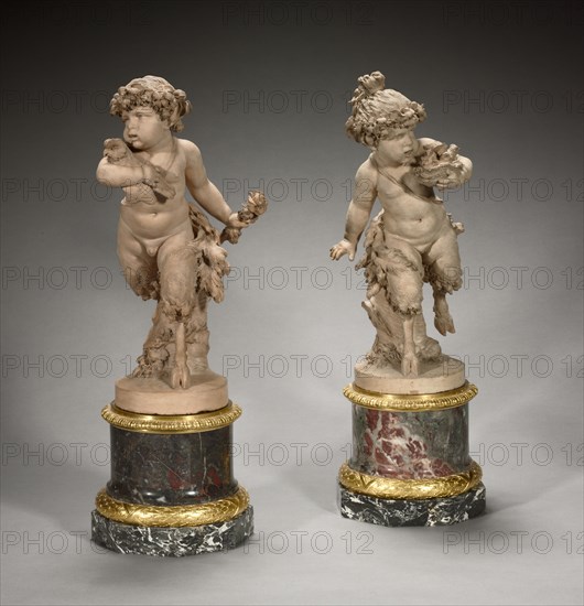 Young Satyress Running with an Owl's Nest and Young Satyr Running with an Owl (pair of statuettes), 1770s. Clodion (French, 1738-1814). Terracotta; overall: 32.1 x 14.8 x 18.1 cm (12 5/8 x 5 13/16 x 7 1/8 in.); with base: 45.1 cm (17 3/4 in.).