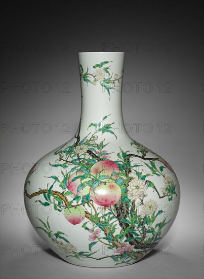 Bottle-shaped Vase, 1736-1795. China, Jiangxi province, Jingdezhen, Qing dynasty (1644-1912), Qianlong mark and period  (1736-1795). Porcelain with famille rose overglaze enamel decoration; overall: 51.4 cm (20 1/4 in.).