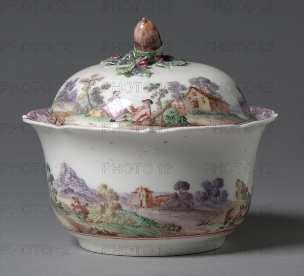 Covered Sugar Bowl (Sucrier couvert), 1745- 1748. Sèvres Porcelain Manufactory (French, est. 1740), Vincennes Factory (French). Soft-paste porcelain with enamel decoration; part 1: 8.1 x 16.2 cm (3 3/16 x 6 3/8 in.).