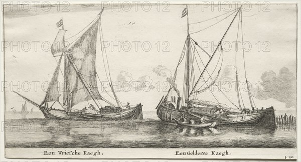 Ships of Amsterdam:  A Frisian Bilander.  A Geldersche Bilander. Reinier Nooms (Dutch, c. 1623-1667). Etching