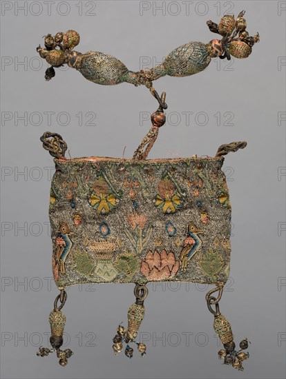 Purse, early 1600s. England, early 17th century. Embroidery; silk and silver filé on linen ground; overall: 11.4 x 10.2 x 7 cm (4 1/2 x 4 x 2 3/4 in.)