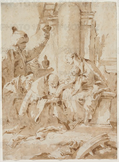 The Adoration of the Magi, c. 1740. Giovanni Battista Tiepolo (Italian, 1696-1770). Pen and brown ink and brush and brown wash, over black chalk; sheet: 38.7 x 28.5 cm (15 1/4 x 11 1/4 in.).