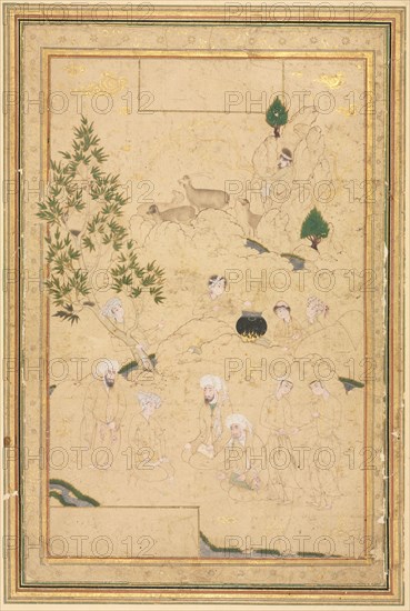 Picnic in the Mountains; Single Page Illustration, c. 1550-1600. Style of Muhammadi (Iranian). Ink and opaque watercolor on paper; overall: 28.6 x 19 cm (11 1/4 x 7 1/2 in.).