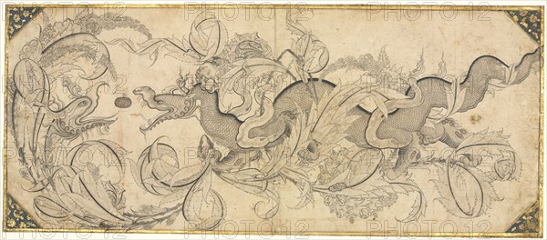 Dragon in foliage with lion and phoenix heads, mid 1500s. Attributed to Sahkulu (Turkish). Ink, gold, opaque watercolors on paper; sheet: 17.3 x 40.2 cm (6 13/16 x 15 13/16 in.).