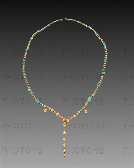 Necklace, c. 1200-1519. Mexico, Oaxaca, Mixtec, 13th-16th century. Gold, shell, turquoise; overall: 49 cm (19 5/16 in.); pendant: 6.3 cm (2 1/2 in.).