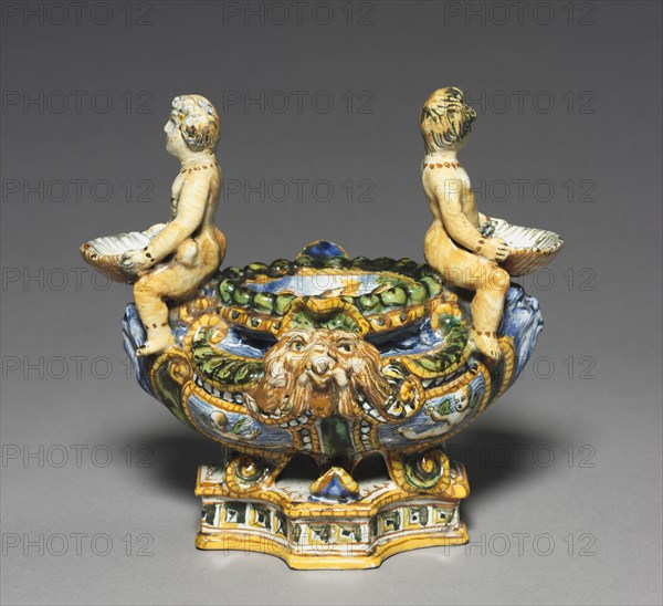 Saltcellar, c. 1550-1600. Italy, Urbino, 16th century. Tin-glazed earthenware (maiolica); overall: 20.3 x 21 x 12.8 cm (8 x 8 1/4 x 5 1/16 in.).