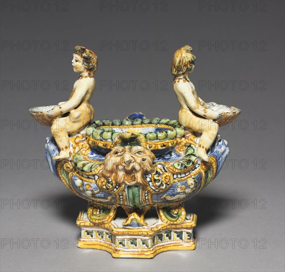 Saltcellar, c. 1550-1600. Italy, Urbino, 16th century. Tin-glazed earthenware (maiolica); overall: 20.3 x 21 x 12.8 cm (8 x 8 1/4 x 5 1/16 in.).