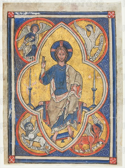 Miniature Excised from a Psalter: Christ in Majesty with Symbols of the Four Evangelists, c. 1235. England, Abbey of Peterborough(?), 13th century. Ink, tempera, and gold on vellum; sheet: 18.9 x 13.9 cm (7 7/16 x 5 1/2 in.)