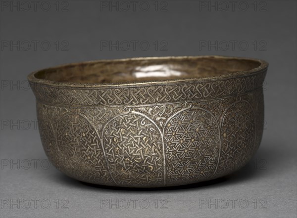 Bowl with Geometric Designs, 1450-1500. Syria, Damascus, Burji Mamluk period, 15th Century. Sheet brass, inlaid with silver and gold; diameter: 13.2 cm (5 3/16 in.).