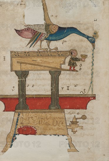 Peacock-shaped Hand Washing Device: Illustration from The Book of Knowledge of Ingenious Mechanical Devices (Automata) of Inb al-Razza al-Jazari, 1315. Syria, Damascus, Mamluk Period, 14th Century. Opaque watercolor and gold on paper; overall: 31.3 x 21.5 cm (12 5/16 x 8 7/16 in.).