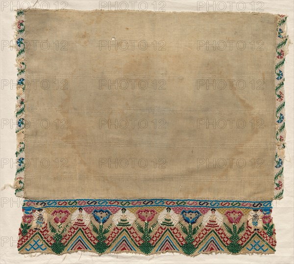 Towel End with Beaded Borders, early 1800s. Mexico, early 19th century. Embroidery; cotton; overall: 47.2 x 42.9 cm (18 9/16 x 16 7/8 in.)