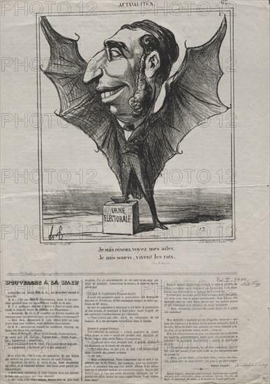 Published in le Charivari (24 March 1869): Actualities (No. 62): I am a bird, see my wings.., 1869. Honoré Daumier (French, 1808-1879). Lithograph; sheet: 43.3 x 61 cm (17 1/16 x 24 in.); image: 24.7 x 20.9 cm (9 3/4 x 8 1/4 in.)