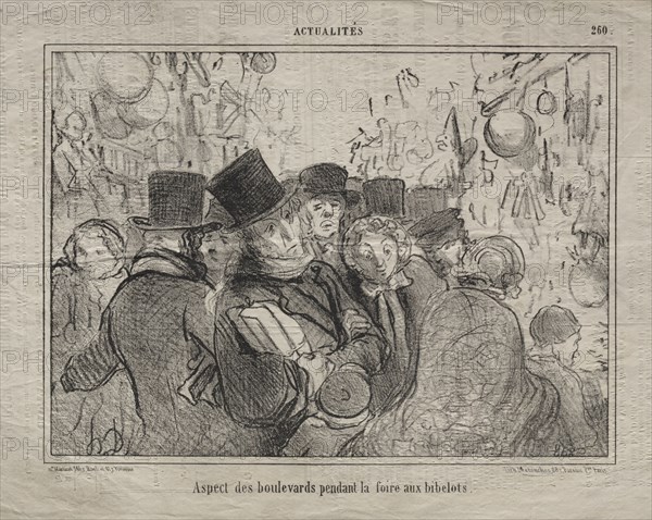Published in le Charivari (7 January 1856): Actualities (No. 260): View of boulevards during a market for trinkets, 1856. Honoré Daumier (French, 1808-1879). Lithograph; sheet: 51.6 x 37.3 cm (20 5/16 x 14 11/16 in.); image: 18.4 x 25.4 cm (7 1/4 x 10 in.).