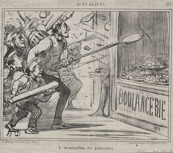 Published in le Charivari (23 September 1858): Actualities (No. 557): The Insurrection of the pastry-cooks, 1858. Honoré Daumier (French, 1808-1879). Lithograph; sheet: 24.4 x 33.4 cm (9 5/8 x 13 1/8 in.); image: 20 x 25.6 cm (7 7/8 x 10 1/16 in.)