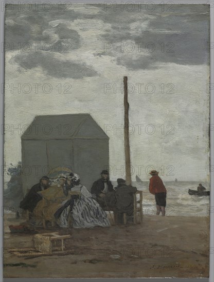 The Beach at Deauville, 1864. Eugène Boudin (French, 1824-1898). Oil on wood panel; framed: 45.7 x 36.8 x 3.5 cm (18 x 14 1/2 x 1 3/8 in.); unframed: 34.7 x 26 cm (13 11/16 x 10 1/4 in.).