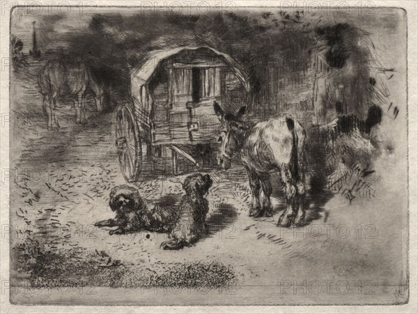 The Guardians of the House, or the Friends of the Saltimbanque, c. 1875. Félix Hilaire Buhot (French, 1847-1898). Etching, aquatint, drypoint and roulette; sheet: 19.2 x 22.3 cm (7 9/16 x 8 3/4 in.); platemark: 9.5 x 12.3 cm (3 3/4 x 4 13/16 in.)