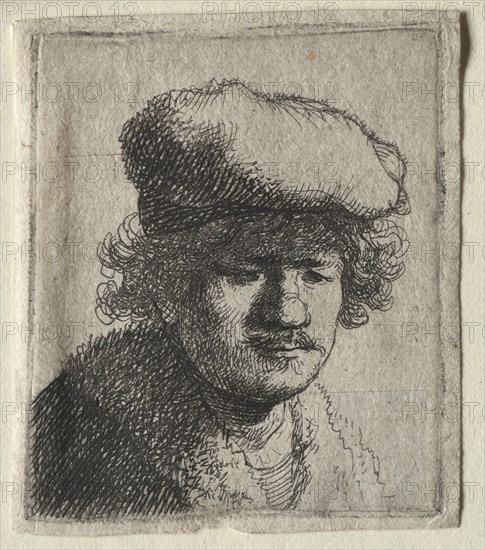 Self-Portrait with Cap Pulled Forward, c. 1631. Rembrandt van Rijn (Dutch, 1606-1669). Etching with engraving; platemark: 5.1 x 4.3 cm (2 x 1 11/16 in.)