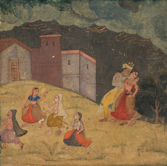Radha and Krishna Caught in a Storm, c.1615-1620. India, Mughal Dynasty (1526-1756). Color on paper; overall: 13 x 13 cm (5 1/8 x 5 1/8 in.).