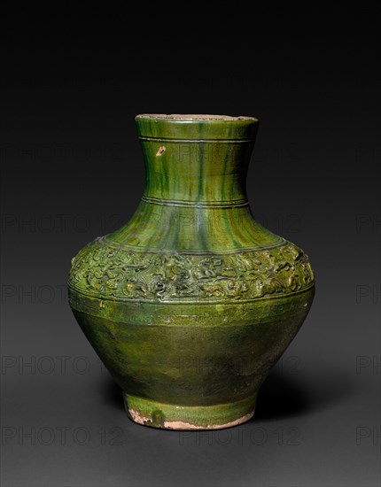 Large Jar, 206 BC - AD 220. China, Han dynasty (202 BC-AD 220). Earthenware with impressed and molded decoration; diameter: 35.6 cm (14 in.); overall: 44.5 cm (17 1/2 in.).