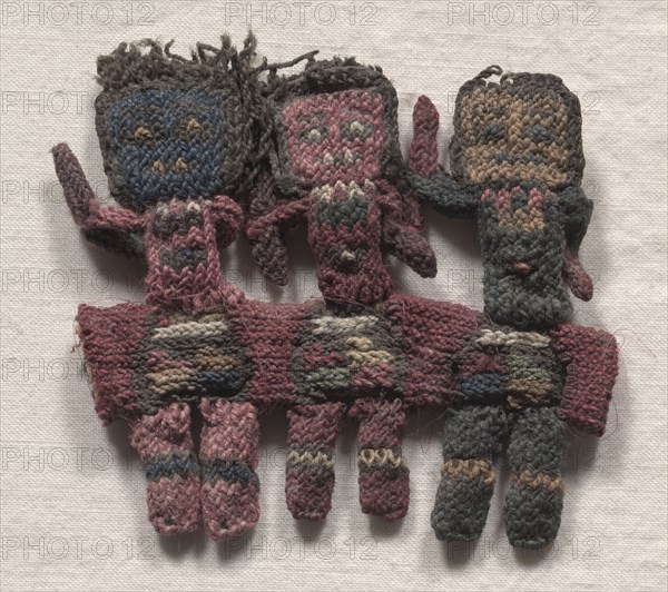 Border Fragment, 100 BC-700. Peru, South Coast, Nasca style (100 BC-AD 700). Embroidery in polychrome wools on cotton foundation; average: 6.4 x 6.4 cm (2 1/2 x 2 1/2 in.)