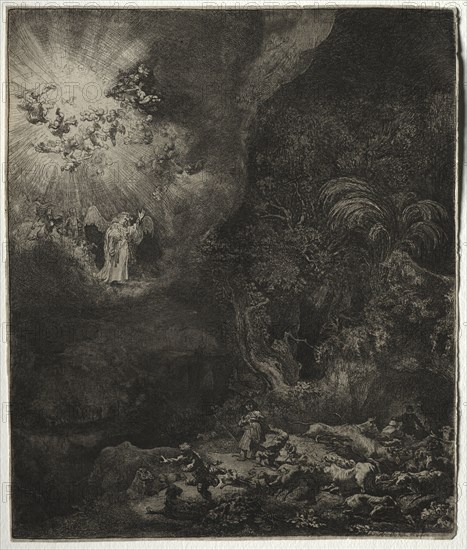 The Angel Appearing to the Shepherds, 1634. Rembrandt van Rijn (Dutch, 1606-1669). Etching, with drypoint, engraving and sulfur tint; sheet: 26.3 x 22 cm (10 3/8 x 8 11/16 in.); platemark: 26 x 21.9 cm (10 1/4 x 8 5/8 in.)