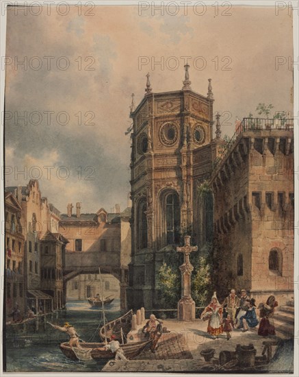 Scene on a Canal, first half 1800s. Hippolyte Jean Baptiste Garnerey (French, 1787-1858). Watercolor heightened with white gouache; framing lines in black [ink?]; sheet: 18.1 x 14.4 cm (7 1/8 x 5 11/16 in.).