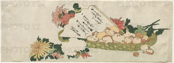 Basket with Fan, Chrysanthemums, and Mushrooms, early 1800s. Attributed to Katsushika Hokusai (Japanese, 1760-1849). Color woodblock print; sheet: 19.1 x 52.8 cm (7 1/2 x 20 13/16 in.).