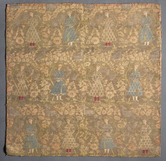 Twill weave with falconers amid rose bushes, 1650-1699. Iran, Safavid period (1501-1722). Twill weave with complementary and discontinuous weft: silk and silver-metal thread; overall: 47.7 x 47.7 cm (18 3/4 x 18 3/4 in.)