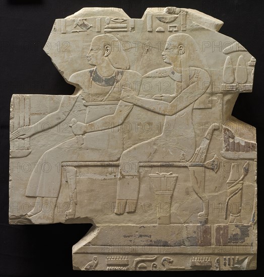 Seated Couple:  Mentuemhat's Ancestors, c. 667-647 BC. Egypt, Thebes, Late Period, Late Dynasty 25 to Early Dynasty 26. Limestone; overall: 57.3 x 53 cm (22 9/16 x 20 7/8 in.).