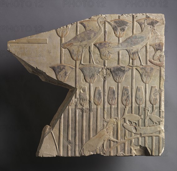 Marsh Scene with Cat and Birds, c. 667-647 BC. Egypt, Thebes, Late Period, Late Dynasty 25 to Early Dynasty 26. Limestone; overall: 38 x 41.7 cm (14 15/16 x 16 7/16 in.).