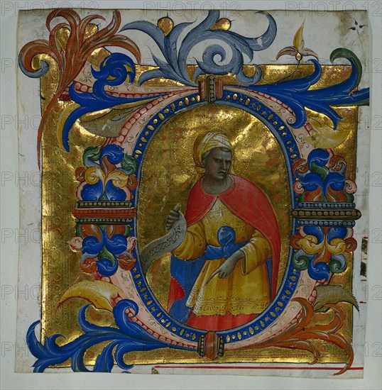 Initial D[eus in loco] with a Prophet Excised from a Gradual, 1409-10. Lorenzo Monaco (Italian, c. 1370-1425). Ink, tempera, and gold on vellum; sheet: 16.7 x 16 cm (6 9/16 x 6 5/16 in.); framed: 52.4 x 39.7 cm (20 5/8 x 15 5/8 in.); matted: 48.9 x 36.2 cm (19 1/4 x 14 1/4 in.).