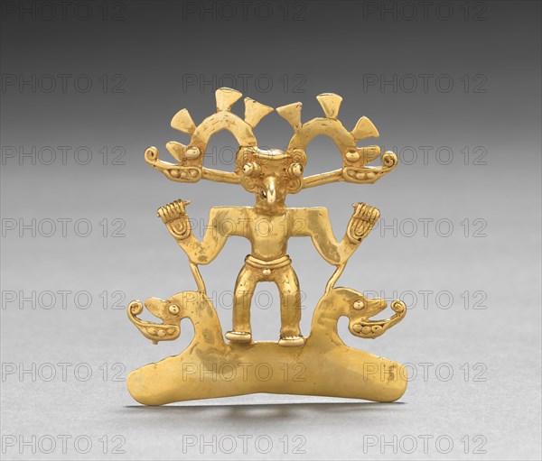 Bird-Man Pendant, c. 700-1550. Western Panama, or Diquís, Costa Rica, Veraguas-Gran Chiriquí or Diquís Style, 8th-16th Century. Cast and hammered gold; overall: 7.6 x 6.7 x 2 cm (3 x 2 5/8 x 13/16 in.).