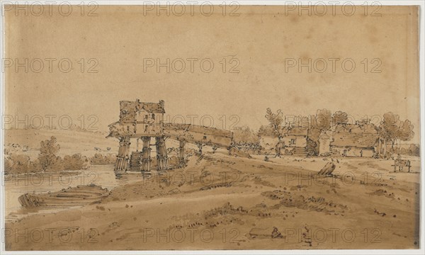 A Selection of Twenty of the Most Picturesque Views in Paris:  The Watermill above the Bridge at Charenton, 1802. Thomas Girtin (British, 1775-1802). Soft-ground etching with bistre wash