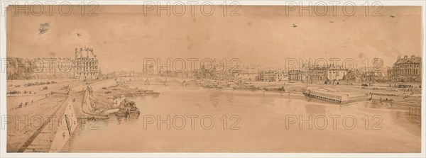 A Selection of Twenty of the Most Picturesque Views in Paris:  View of the Tuilleries and Bridge and taken from Pont de la Concorde, 1802. Thomas Girtin (British, 1775-1802). Soft-ground etching with bistre wash