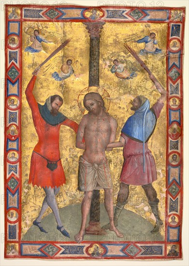 Miniature from a Mariegola: The Flagellation, c. 1350-1375. Workshop of Lorenzo Veneziano (Italian). Tempera and gold on parchment; sheet: 29.5 x 21 cm (11 5/8 x 8 1/4 in.)