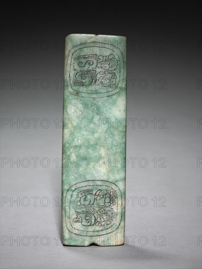 Bar Bead, 250-550. Mexico or Central America, Maya style (250-900). Jadeite-albitite, modern black pigment; overall: 4.6 cm (1 13/16 in.).