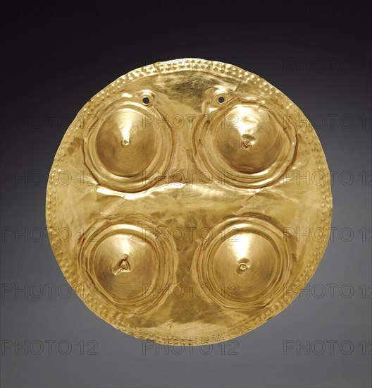 Disk-Shaped Chest Plaque, c. 700-1550. Costa Rica or Panama, 8th-16th Century. Hammered gold; overall: 19.8 x 19.6 x 2.5 cm (7 13/16 x 7 11/16 x 1 in.).