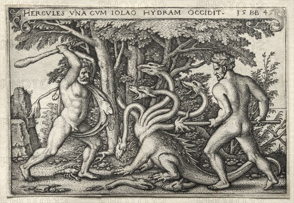 The Labors of Hercules:  Hercules Killing the Lernean Hydra, 1545. Hans Sebald Beham (German, 1500-1550). Engraving