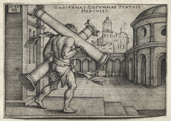 The Labors of Hercules:  Hercules Carrying the Columns of Gades, 1545. Hans Sebald Beham (German, 1500-1550). Engraving