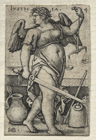 The Knowledge of God and the Seven Cardinal Virtues:  Justice - Justicia. Hans Sebald Beham (German, 1500-1550). Engraving