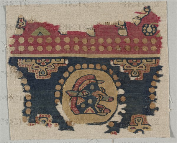Hanging fragment with boar head, 600s - early 700s. Iran. Tapestry weave: wool and linen; overall: 20.7 x 25.2 cm (8 1/8 x 9 15/16 in.)