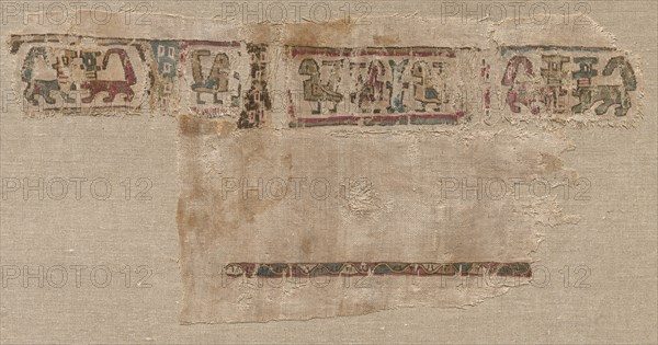 Fragment of a Tiraz-Style Textile, 1081 - 1094. Egypt, Fatimid period, latter part of Caliphate of al-Mustansir, c. AH 475-487 (A.D. 1081-1094). Tabby ground with inwoven tapestry ornament; linen and silk; overall: 21.6 x 43.8 cm (8 1/2 x 17 1/4 in.)